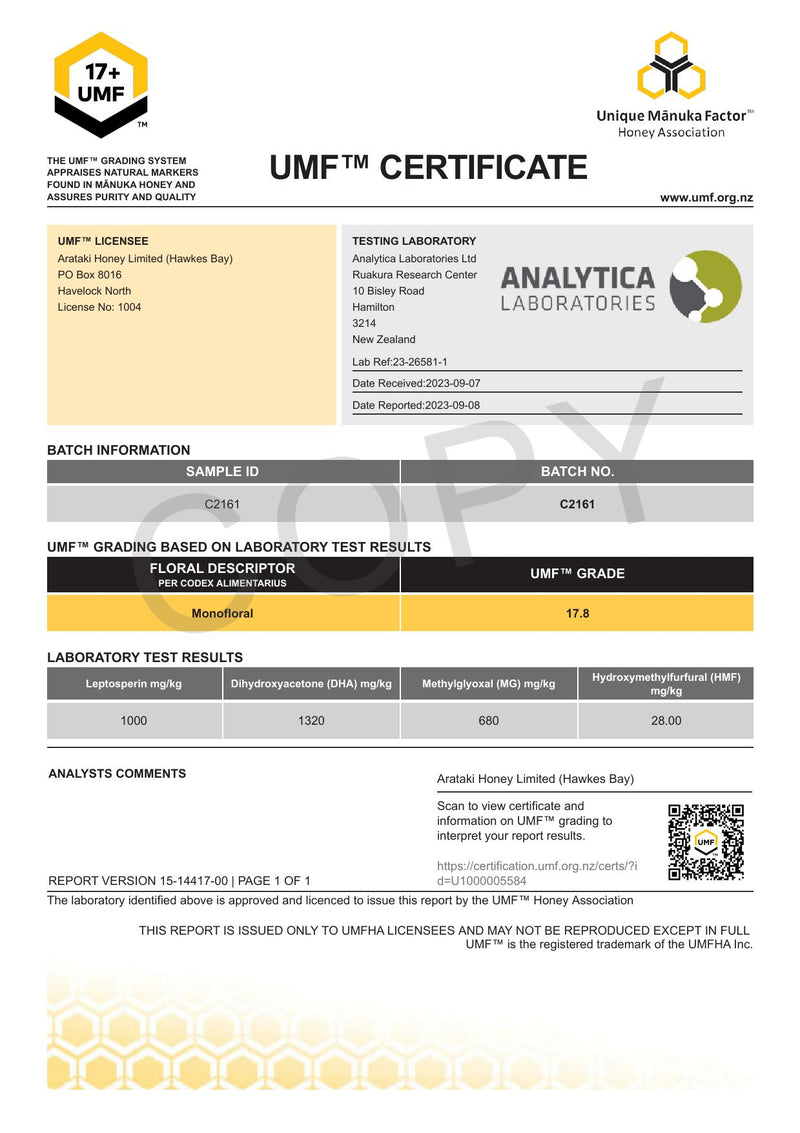 ARATAKI Manuka Honey UMF 17+, MGO 631 mg/kg, 500g